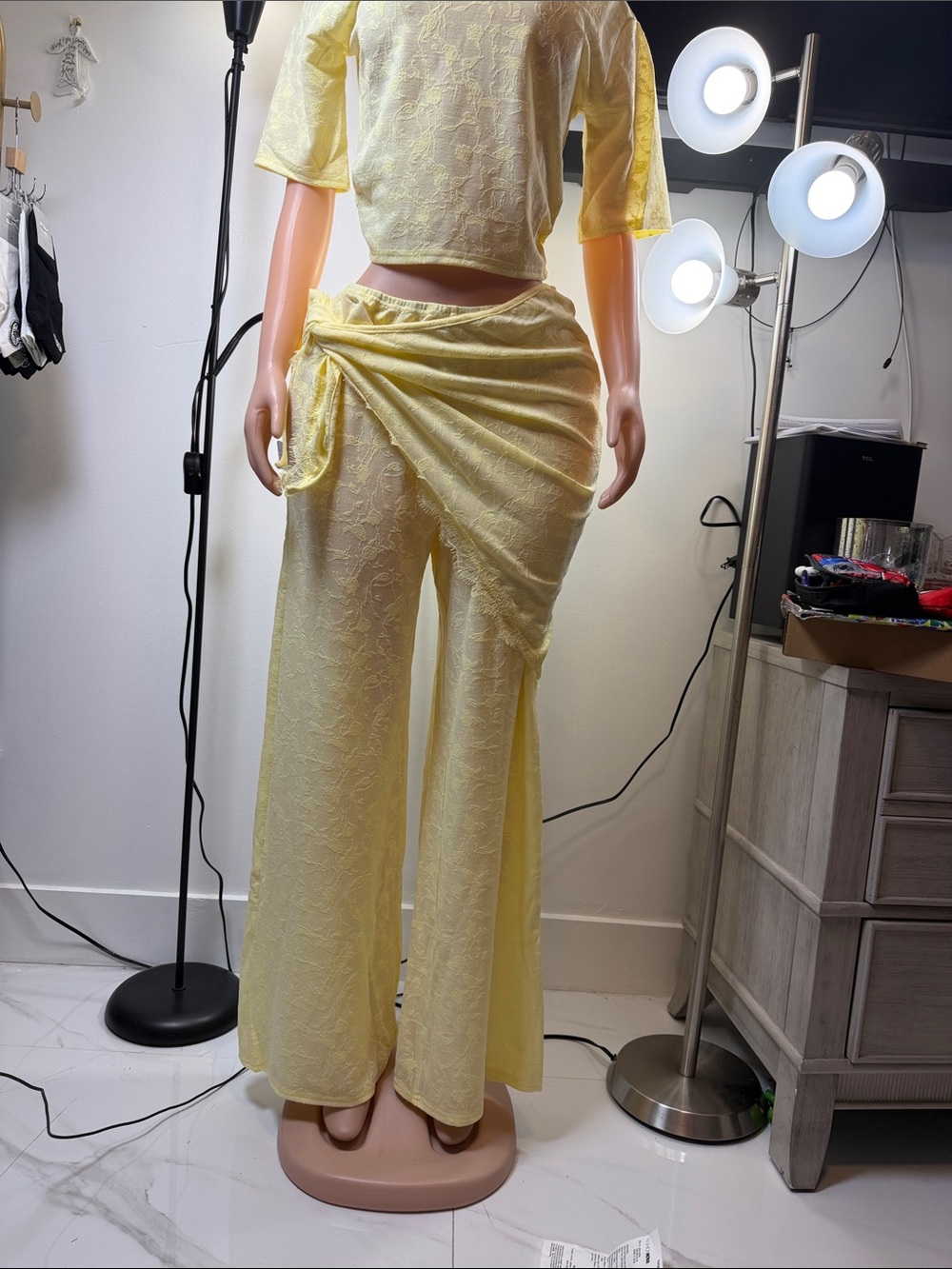 Yellow Lace Wide-Leg Pants & Crop Top Set